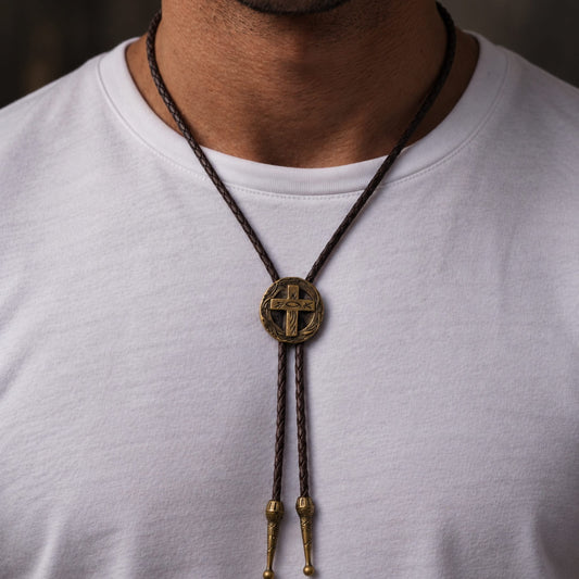 THE MEN THING Leather Necklace ASTRA FAITH - Retro Alloy Pendant Bolo Tie | Adjustable Genuine Leather Cowboy Necktie Necklace for Men & Boys