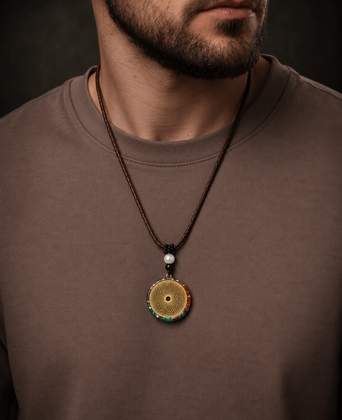 THE MEN THING Leather Necklace AURORA LOOP - Spirograph necklace with 30 inch Adjustable Rope Chain for Men & Boys