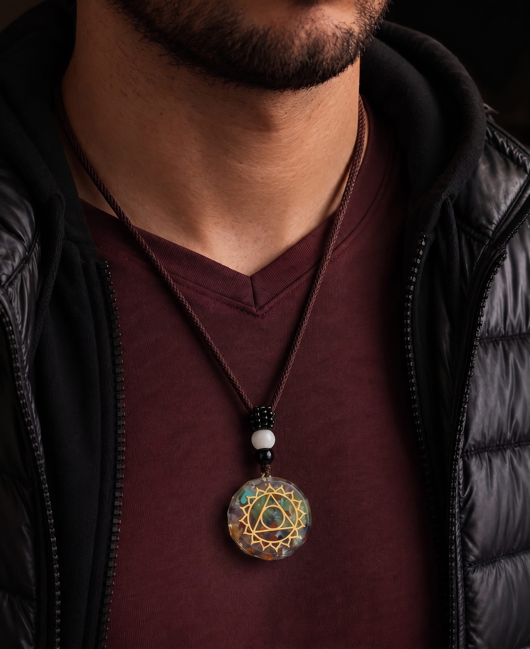 THE MEN THING Leather Necklace AURORA TRIANGLE - Natural Crystal necklace with 30 inch Adjustable Rope Chain for Men & Boys