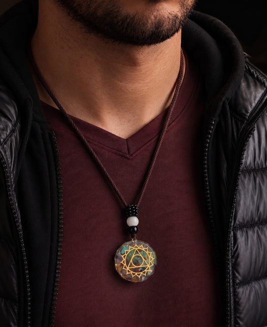THE MEN THING Leather Necklace AURORA TRIANGLE - Natural Crystal necklace with 30 inch Adjustable Rope Chain for Men & Boys