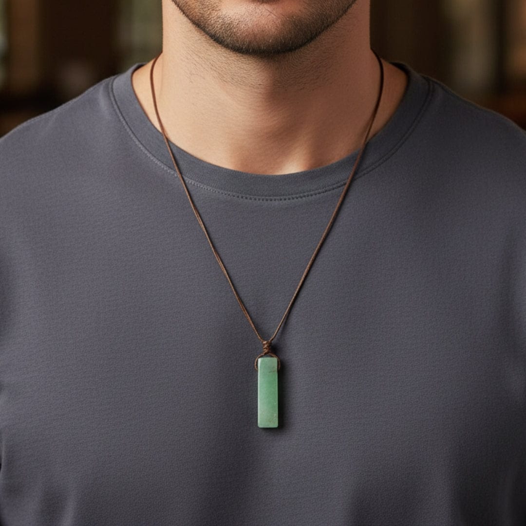 THE MEN THING Leather Necklace AVENTURINE MIRAGE - Natural Crystal Unshaped Pendant with Adjustable Rope Chain for Men and Boys