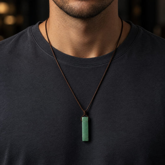 THE MEN THING Leather Necklace AVENTURINE MIRAGE - Natural Crystal Unshaped Pendant with Adjustable Rope Chain for Men and Boys