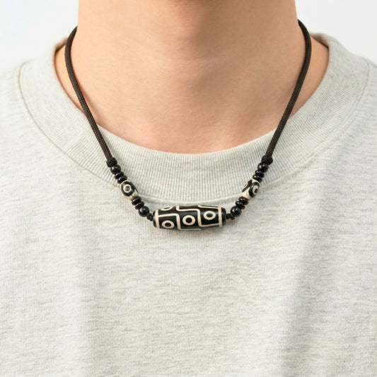 THE MEN THING Leather Necklace BLACK DZI – 43mm Natural Crystal Pendant with Adjustable Leather Rope for Men & Boys