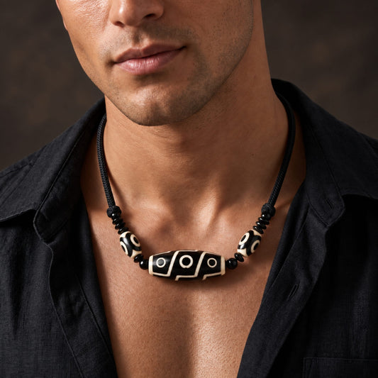 THE MEN THING Leather Necklace BLACK DZI – 43mm Natural Crystal Pendant with Adjustable Leather Rope for Men & Boys