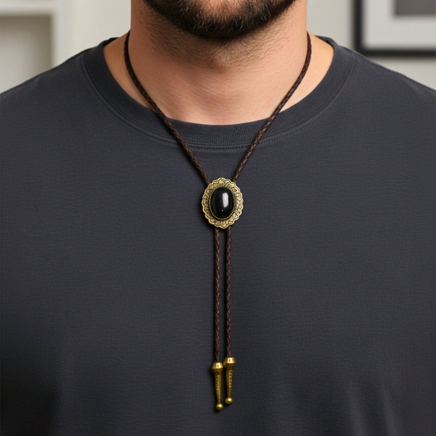 THE MEN THING Leather Necklace BLACK HERITAGE BOLO – 1.5 inch Pure Stainless Steel Pendant with Adjustable Brown Leather Rope for Men & Boys