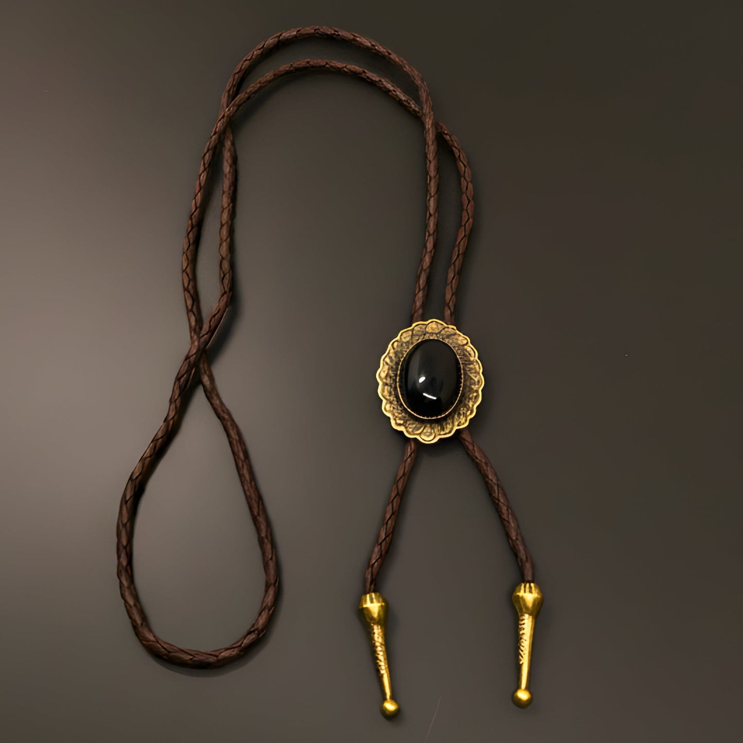 THE MEN THING Leather Necklace BLACK HERITAGE BOLO – 1.5 inch Pure Stainless Steel Pendant with Adjustable Brown Leather Rope for Men & Boys