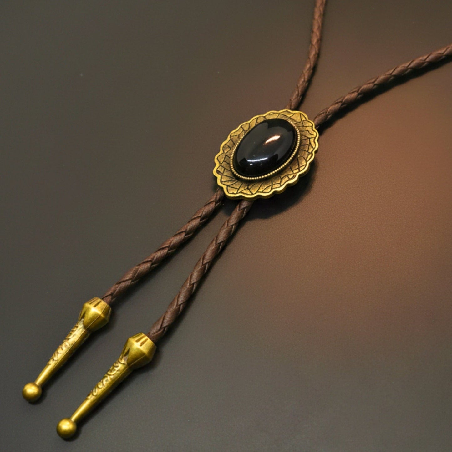 THE MEN THING Leather Necklace BLACK HERITAGE BOLO – 1.5 inch Pure Stainless Steel Pendant with Adjustable Brown Leather Rope for Men & Boys