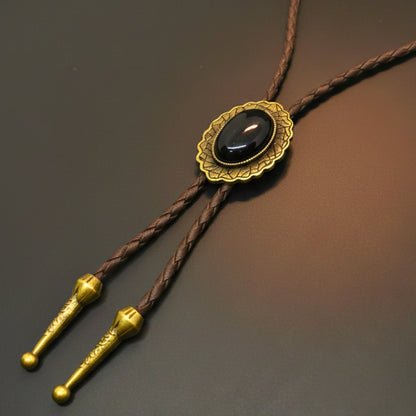 THE MEN THING Leather Necklace BLACK HERITAGE BOLO – 1.5 inch Pure Stainless Steel Pendant with Adjustable Brown Leather Rope for Men & Boys