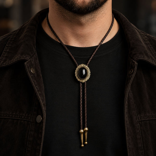 BLACK HERITAGE BOLO – 1.5 inch Pure Stainless Steel Pendant with Adjustable Brown Leather Rope for Men & Boys