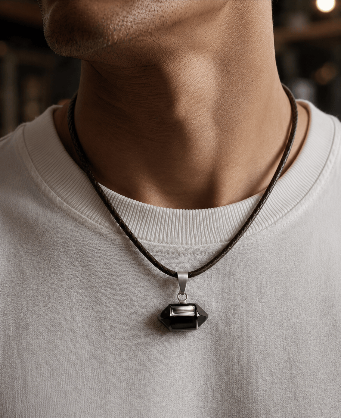 THE MEN THING Leather Necklace BLACK TOURMALINE Natural Crystal Pendant with 19 inch Leather Rope Chain for Men & Boys