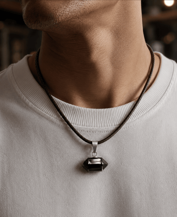 Natural Crystal Pendant with 19 inch Leather Rope Chain for Men & Boys
