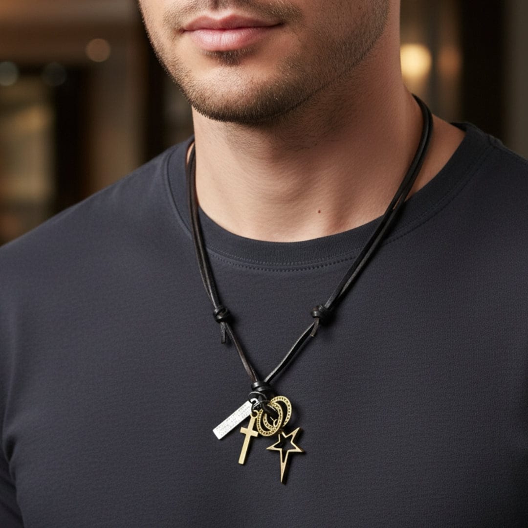 THE MEN THING Leather Necklace BRASS VOYAGER STAR CROSS – 1.5-Inch Pure Stainless Steel Pendant with  Adjustable Leather Rope for Men & Boys