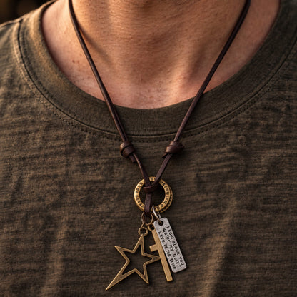 THE MEN THING Leather Necklace BRASS VOYAGER STAR CROSS – 1.5-Inch Pure Stainless Steel Pendant with  Adjustable Leather Rope for Men & Boys