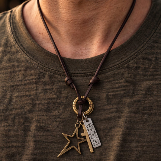 THE MEN THING Leather Necklace BRASS VOYAGER STAR CROSS – 1.5-Inch Pure Stainless Steel Pendant with  Adjustable Leather Rope for Men & Boys