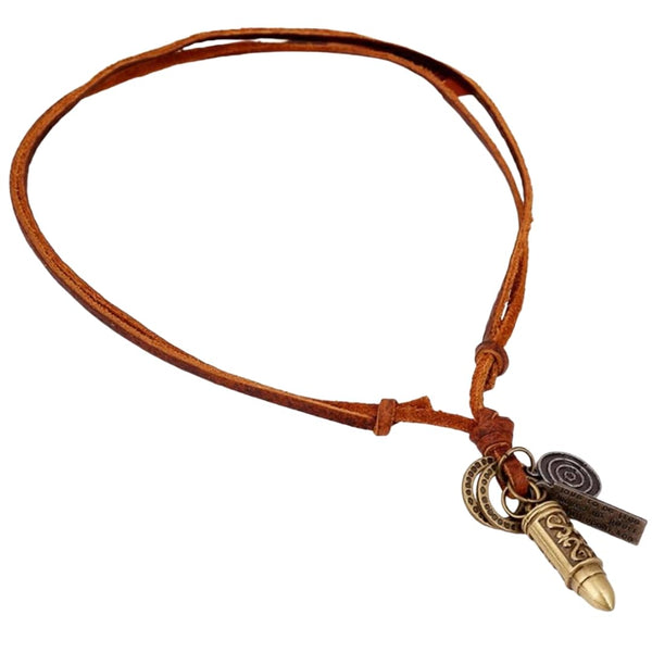 BULLET CREED BROWN - Vintage Alloy Gold Bullet Pendant with Adjustable Pure Leather Cord Necklace for Men & Boys