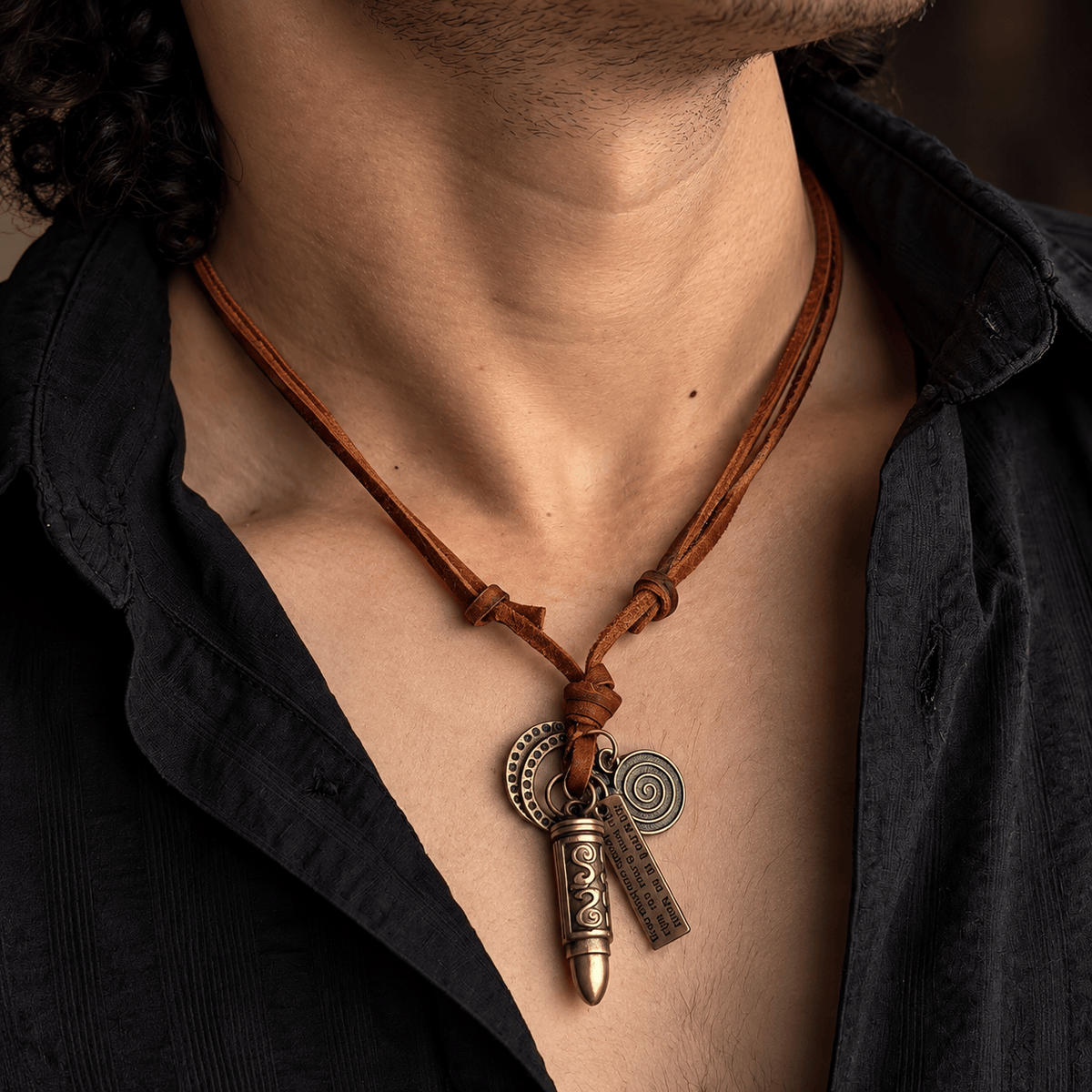 THE MEN THING Leather Necklace BULLET CREED BROWN - Vintage Alloy Gold Bullet Pendant with Adjustable Pure Leather Cord Necklace for Men & Boys