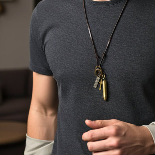 THE MEN THING Leather Necklace BULLET FAITH - Titanium Steel Gold BULLET  Pendant with Adjustable Pure Leather Cord Necklace for Men & Boys