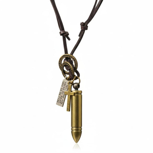 THE MEN THING Leather Necklace BULLET FAITH - Titanium Steel Gold BULLET  Pendant with Adjustable Pure Leather Cord Necklace for Men & Boys
