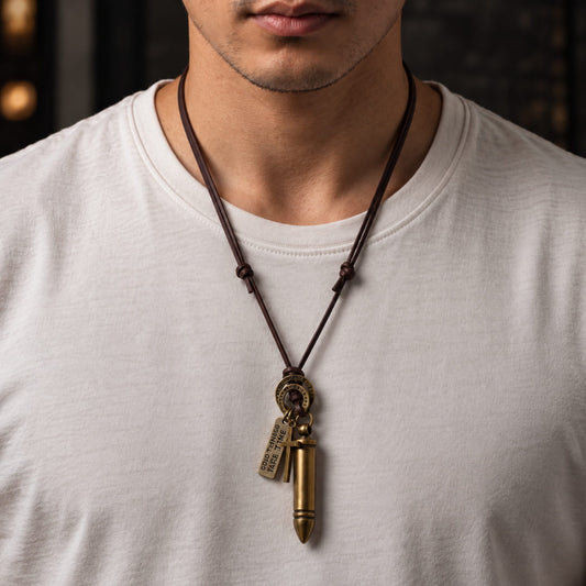 THE MEN THING Leather Necklace BULLET FAITH - Titanium Steel Gold BULLET  Pendant with Adjustable Pure Leather Cord Necklace for Men & Boys
