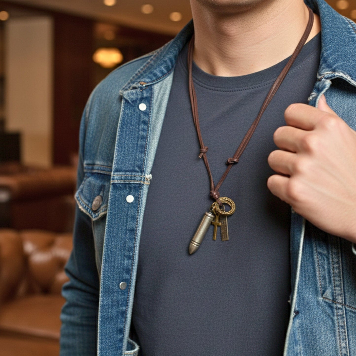 THE MEN THING Leather Necklace BULLET FAITH - Titanium Steel SILVER BULLET  Pendant with Adjustable Pure Leather Cord Necklace for Men & Boys