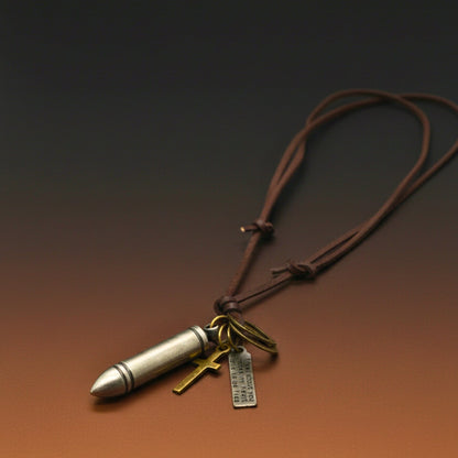 THE MEN THING Leather Necklace BULLET FAITH - Titanium Steel SILVER BULLET  Pendant with Adjustable Pure Leather Cord Necklace for Men & Boys