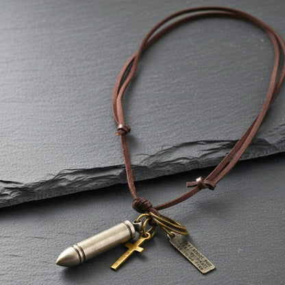THE MEN THING Leather Necklace BULLET FAITH - Titanium Steel SILVER BULLET  Pendant with Adjustable Pure Leather Cord Necklace for Men & Boys