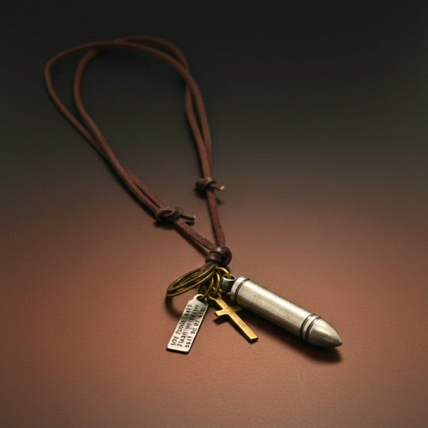 BULLET FAITH - Titanium Steel SILVER BULLET  Pendant with Adjustable Pure Leather Cord Necklace for Men & Boys