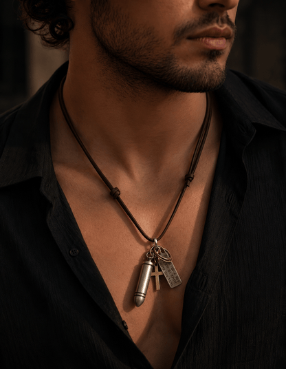 THE MEN THING Leather Necklace BULLET FAITH - Titanium Steel SILVER BULLET  Pendant with Adjustable Pure Leather Cord Necklace for Men & Boys