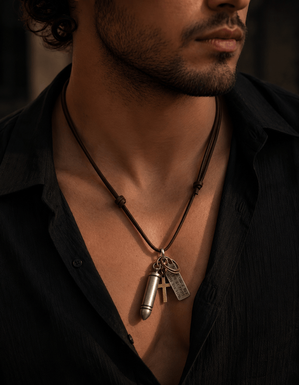 BULLET FAITH - Titanium Steel SILVER BULLET  Pendant with Adjustable Pure Leather Cord Necklace for Men & Boys