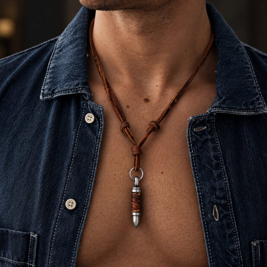 THE MEN THING Leather Necklace BULLETWRAP BROWN - Vintage Alloy Bullet Pendant with Adjustable Pure Leather Cord Necklace for Men & Boys