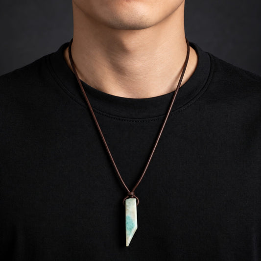 THE MEN THING Leather Necklace CARIBBEAN CALCITE - Natural Crystal Unshaped Pendant with Adjustable Rope Chain for Men and Boys