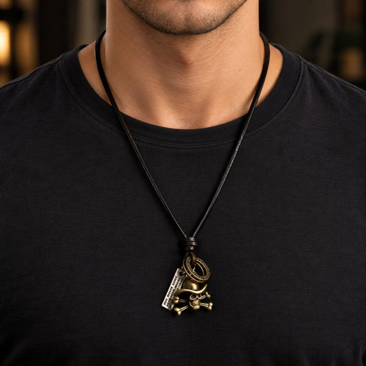 THE MEN THING Leather Necklace COWBOY SKULL  - Vintage Alloy Hat Skull Pendant with Adjustable Pure Leather Cord Necklace for Men & Boys