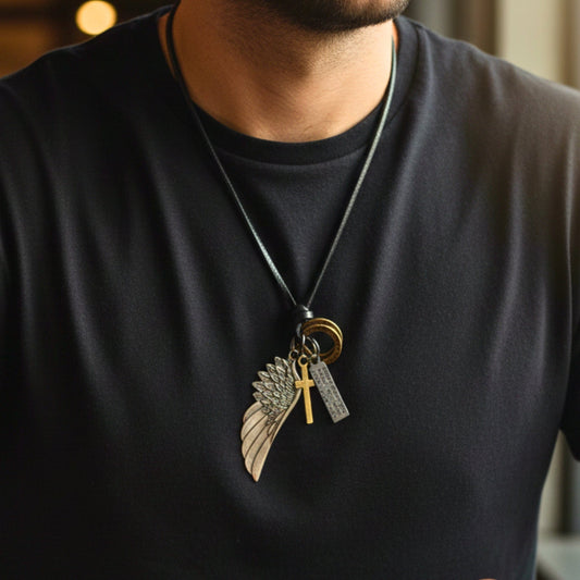 THE MEN THING Leather Necklace CROSSWING RELIC – 3-Inch Pure Stainless Steel Pendant with  Adjustable Leather Rope for Men & Boys