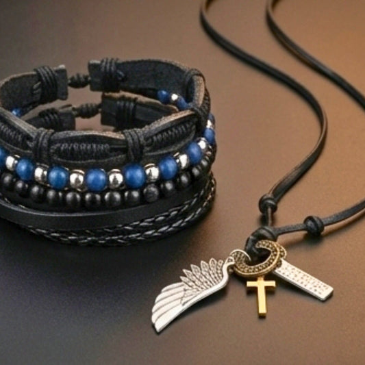 THE MEN THING Leather Necklace Crosswing Relic Pendant & Twilight Forge Leather Bracelet — Vintage Explorer Combo Set for Men