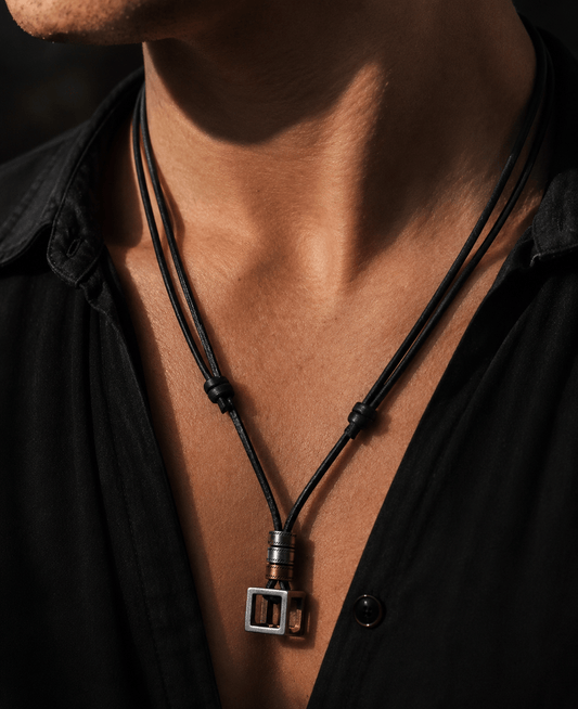 THE MEN THING Leather Necklace CUBICANO BLACK - Vintage Alloy Cubical Pendant with Adjustable Pure Black Leather Cord Necklace for Men & Boys