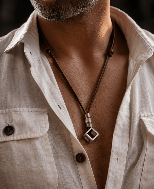 THE MEN THING Leather Necklace CUBICANO BROWN - Vintage Alloy Cube Pendant with Adjustable Pure Leather Cord Necklace for Men & Boys