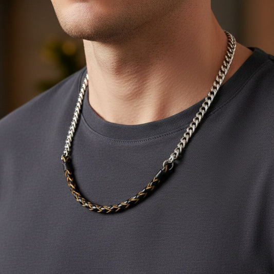 THE MEN THING Leather Necklace CURBLINK BRAID - Pure Titanium Steel Chain with Black and Light Brown Beaded Rope Necklace for Men and Boys - 17inch