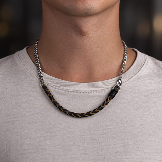 THE MEN THING Leather Necklace CURBLINK BRAID - Pure Titanium Steel Chain with Black and Light Brown Beaded Rope Necklace for Men and Boys - 17inch