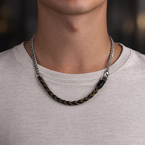 CURBLINK BRAID - Pure Titanium Steel Chain with Black and Light Brown Beaded Rope Necklace for Men and Boys - 17inch