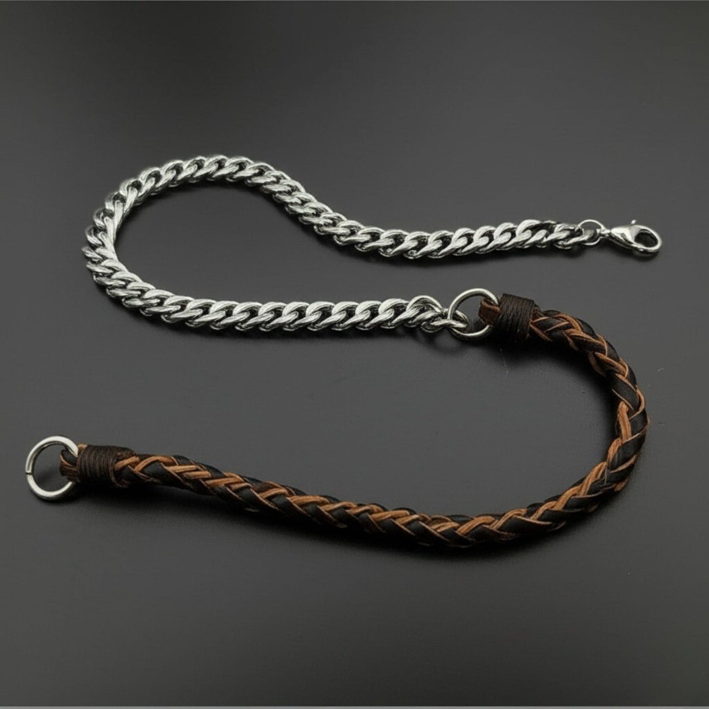 THE MEN THING Leather Necklace CURBLINK BRAID - Pure Titanium Steel Chain with Brown and Black Beaded Rope Necklace for Men and Boys - 17inch
