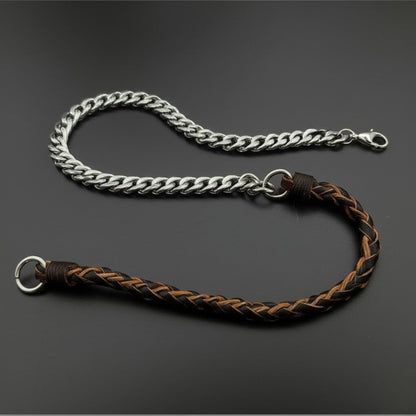 THE MEN THING Leather Necklace CURBLINK BRAID - Pure Titanium Steel Chain with Brown and Black Beaded Rope Necklace for Men and Boys - 17inch