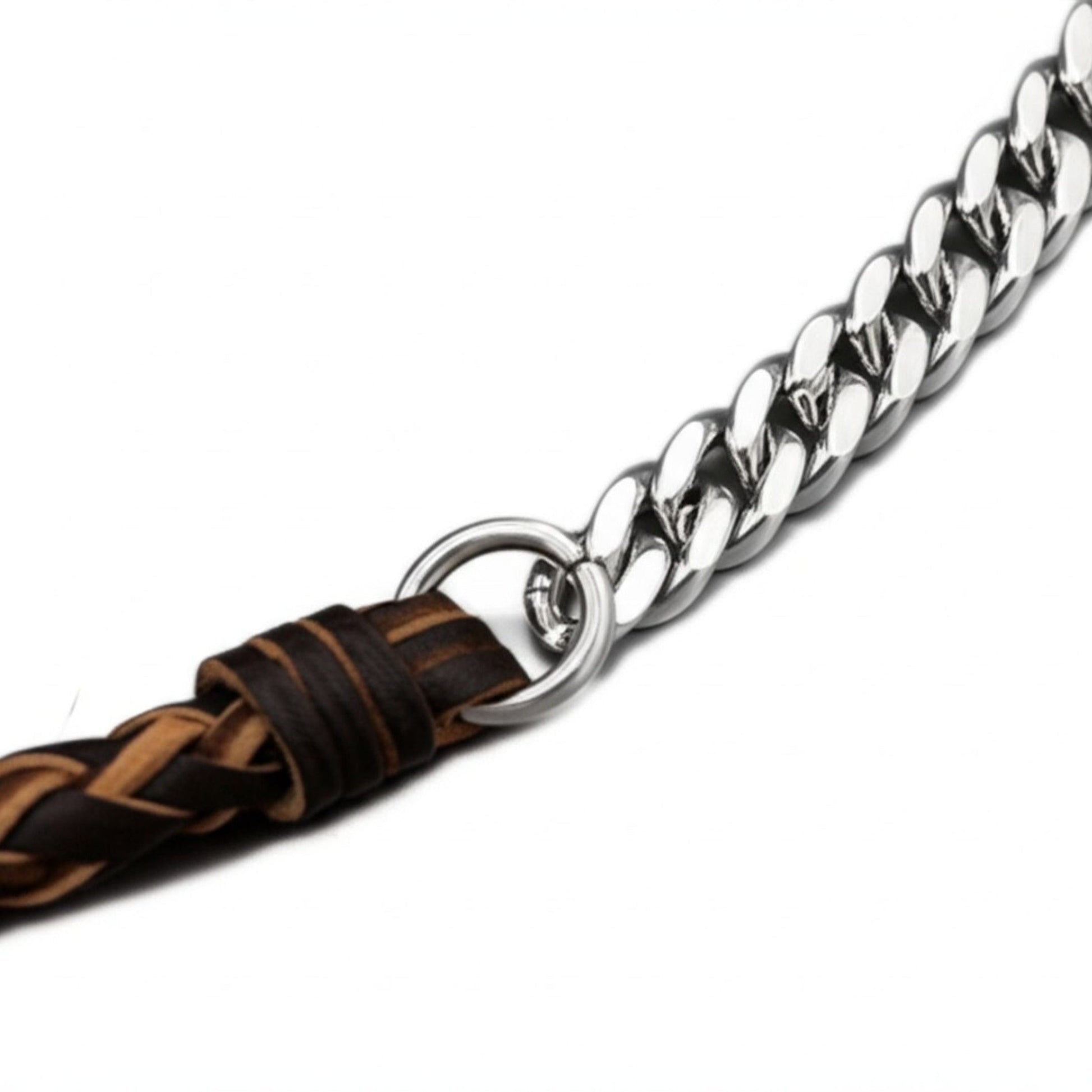 THE MEN THING Leather Necklace CURBLINK BRAID - Pure Titanium Steel Chain with Brown and Black Beaded Rope Necklace for Men and Boys - 17inch