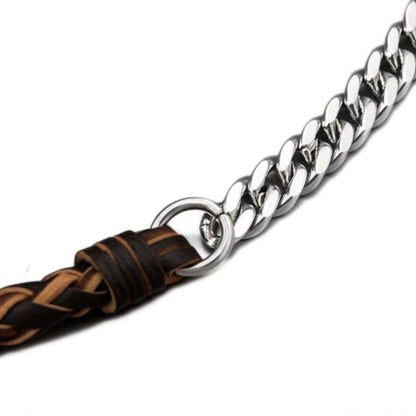 THE MEN THING Leather Necklace CURBLINK BRAID - Pure Titanium Steel Chain with Brown and Black Beaded Rope Necklace for Men and Boys - 17inch