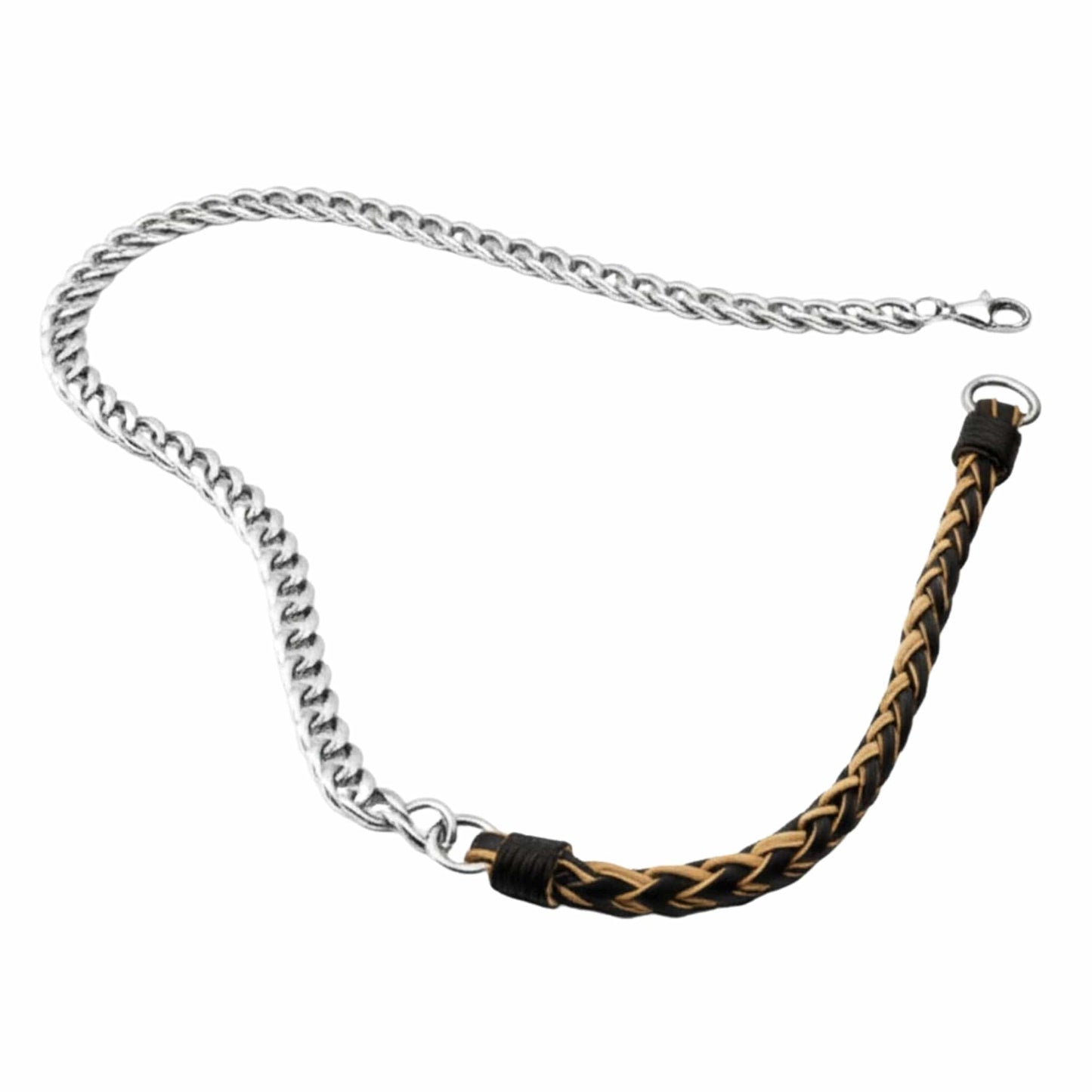 THE MEN THING Leather Necklace CURBLINK BRAID - Pure Titanium Steel Chain with Brown and Black Beaded Rope Necklace for Men and Boys - 17inch