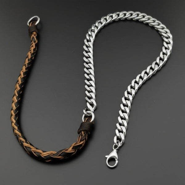CURBLINK BRAID - Pure Titanium Steel Chain with Brown and Black Beaded Rope Necklace for Men and Boys - 17inch
