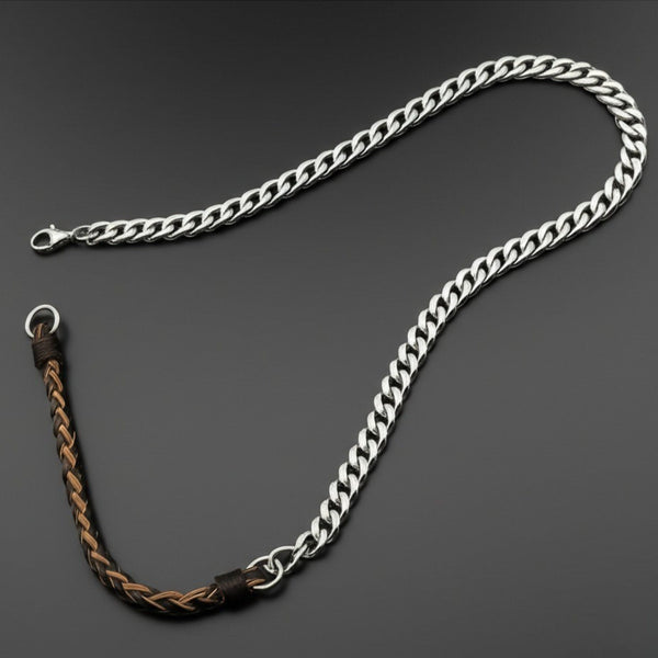 CURBLINK BRAID - Pure Titanium Steel Chain with Brown and Black Beaded Rope Necklace for Men and Boys - 17inch