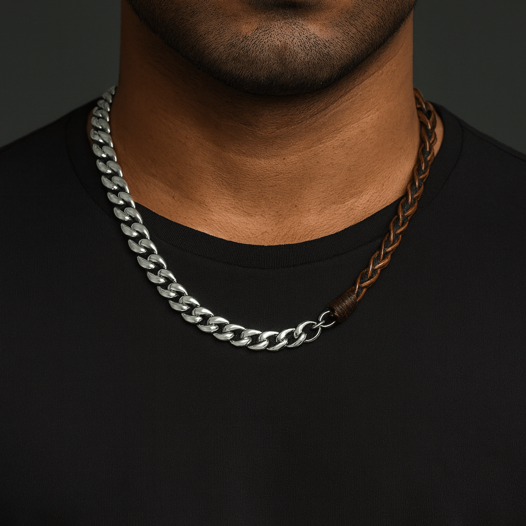 THE MEN THING Leather Necklace CURBLINK BRAID - Pure Titanium Steel Chain with Brown and Black Beaded Rope Necklace for Men and Boys - 17inch