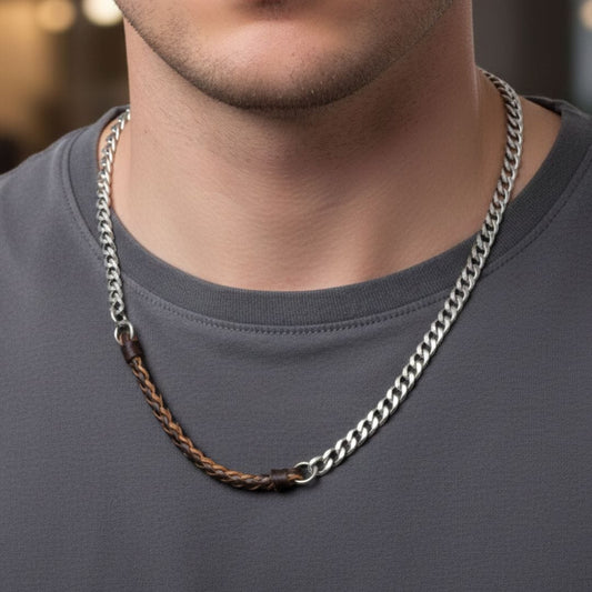 THE MEN THING Leather Necklace CURBLINK BRAID - Pure Titanium Steel Chain with Brown and Black Beaded Rope Necklace for Men and Boys - 17inch