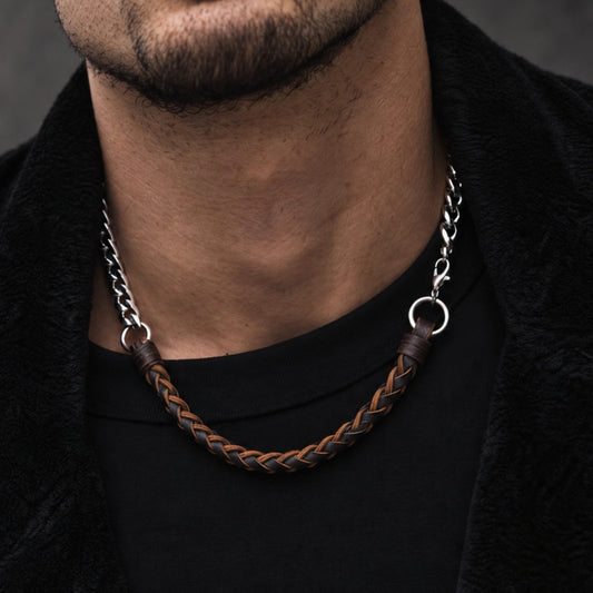 THE MEN THING Leather Necklace CURBLINK BRAID - Pure Titanium Steel Chain with Brown and Black Beaded Rope Necklace for Men and Boys - 17inch