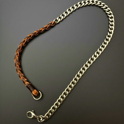 THE MEN THING Leather Necklace CURBLINK BRAID - Pure Titanium Steel Chain with Drak Brown Beaded Rope Necklace for Men and Boys - 17inch